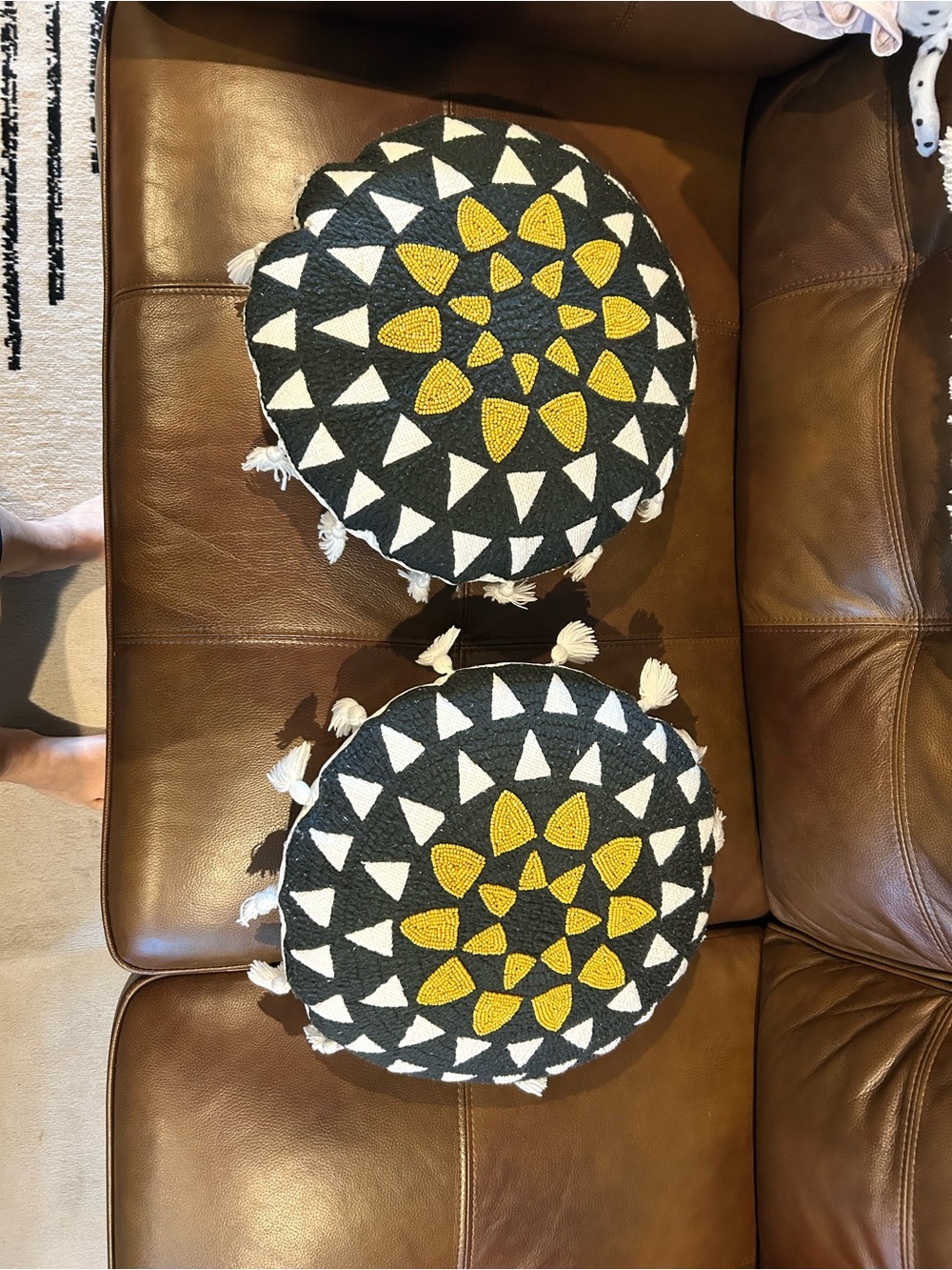 Two Round Decorative Pouf Cushion with Geometric Beadwork-Black, White & Mustard - Picture 8 of 8